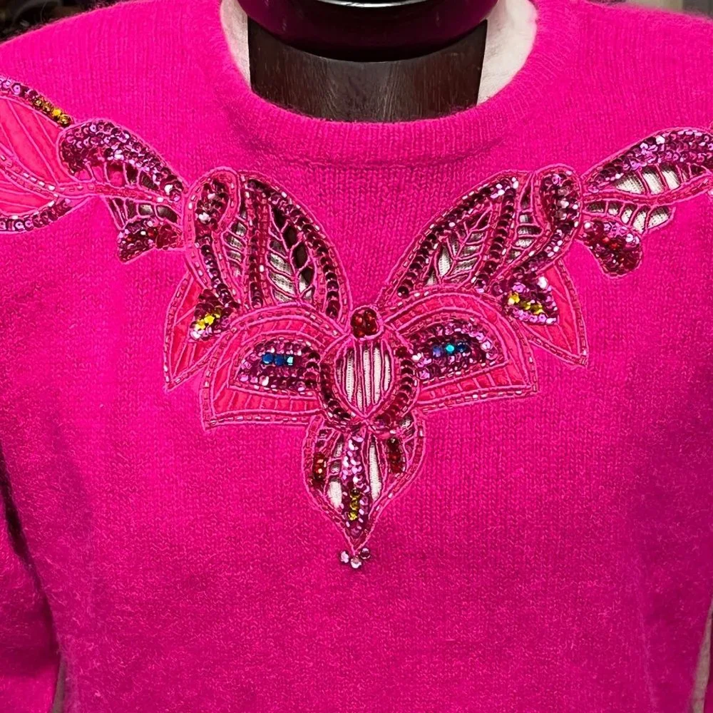 I.B. Diffusion Vintage Pink Embroidered Beaded Silk‎ Sweatshirt Sweater Size LG